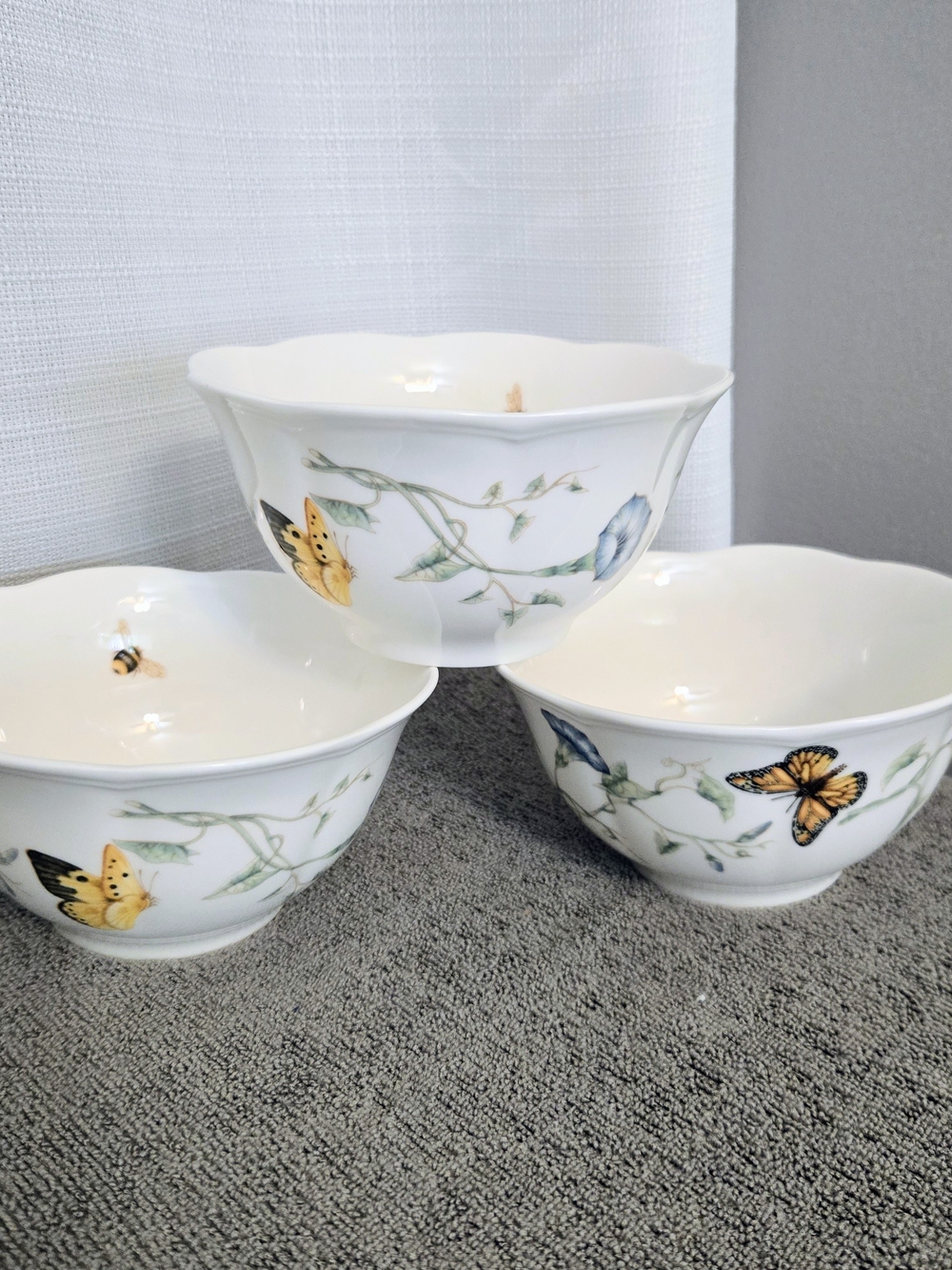 Lenox Butterfly Meadow Bowls 3 Set Floral Dinnerware Rice Cereal Ice Cream
